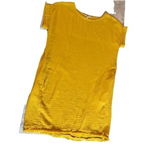 Eileen Fisher Organic Cotton Gauzy Rolled Sleeve Raw Hem Mustard Dress Medium